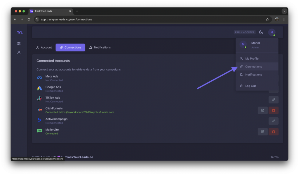 user -> connections
